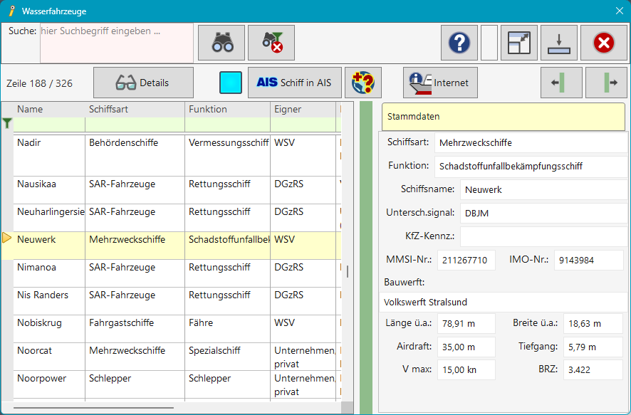 Nutzeroberfläche der Datenart 'Wasserfahrzeuge' der VPS-Datenbank in der Programmversion VPS.mini für kleine Geräte und Touch-Bedienung.
