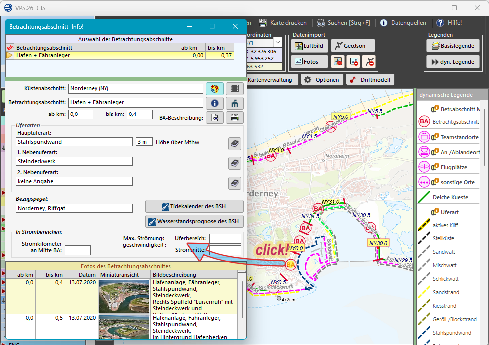 Screenshot bei Klick auf die Karte und Anzeige der Daten zum Klickpunkt aus der Datenbank.