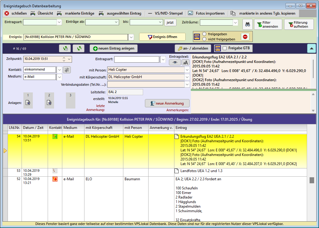 Screenshot der Nutzeroberfläche des Einsatztagebuches.