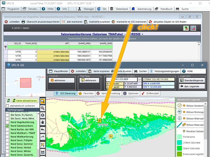 Screenshot: Mehrere Objekte aus der VPS.sensi-Datenbank im GIS markieren