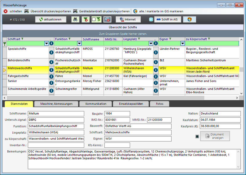 Nutzeroberfläche der Datenart 'Wasserfahrzeuge' der VPS-Datenbank.