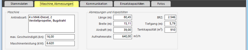 Daten zum Thema 'Maschine, Abmessungen' eines Wasserfahrzeugs.