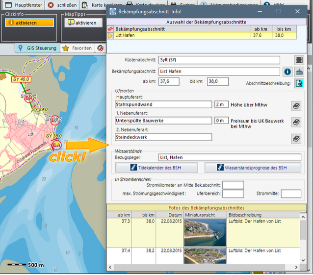 Screenshot bei Klick auf die Karte und Anzeige der Daten zum Klickpunkt aus der Datenbank.
