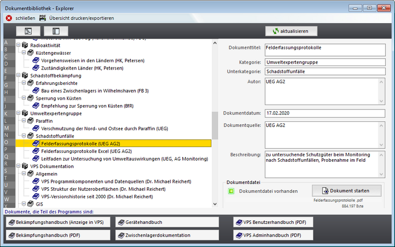 Screenshot der Nutzeroberfläche der Dokumentbibliothek.