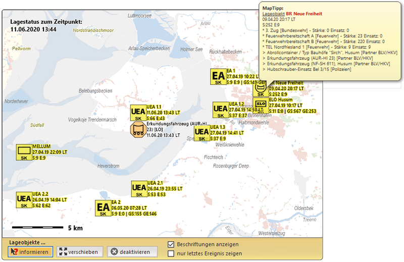 Screenshot der Darstellung der Aktuellen Lage als Karte im GIS.