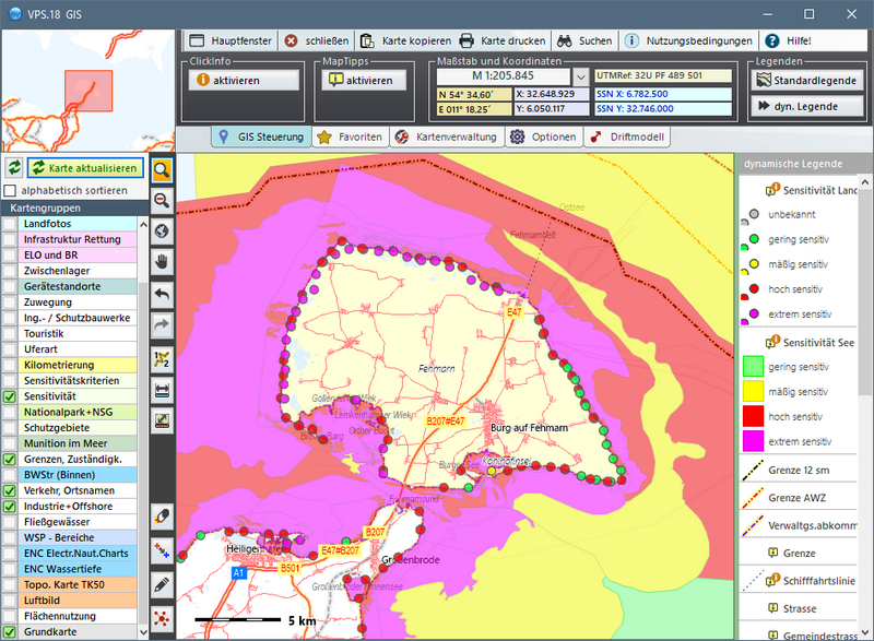 Areas of different sensitivity and the sensitivity of shore area around Fehmarn island